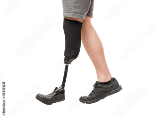 Leg amputation rehabilitation with prosthetic limb for mobility on a transparent background, cut out