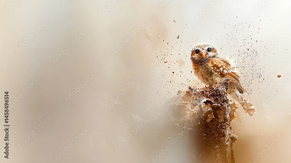 Young Owl Perched on Branch with Dust and Soft Background in Nature Setting Young Owl Perched on Branch with Dust and Soft Background in Nature Setting