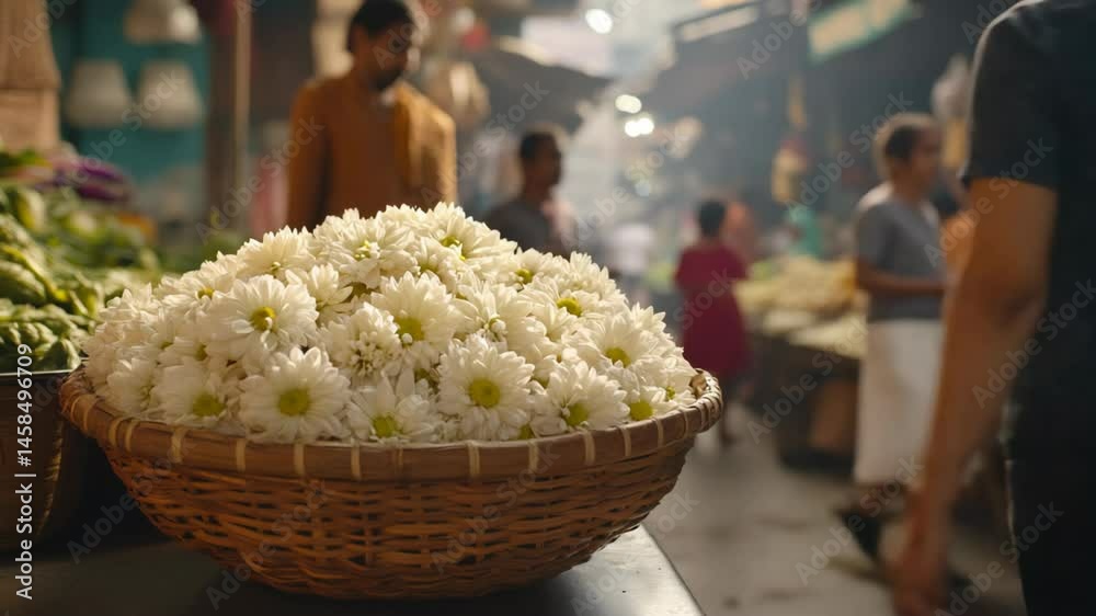 a bunch of white chrysanthemum flower in woven basket selling at Asian local market, bustling street people come fore shopping