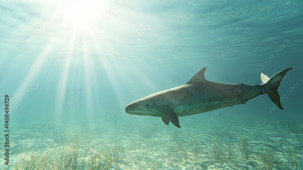 Fototapeta premium Underwater Scene with Shark Swimming Beneath Sunlit Surface