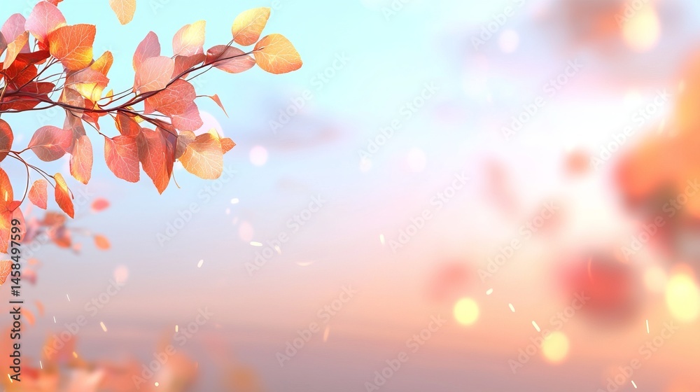 Fototapeta premium Soft Autumn Leaves Against a Dreamy Sunset Sky with Delicate Bokeh