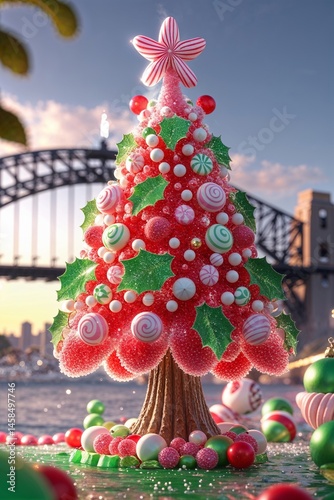Festive Christmas tree decorated with pink and red ornaments, set against a waterfront cityscape featuring iconic Sydney Harbour bridge at sunset. photo
