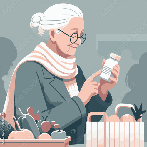 Elderly woman shopping thoughtfully at market with produce  