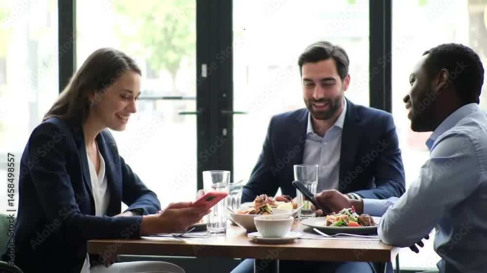 Group of three business people enjoying a lunch meal during the lunch break while discussing business using smart phone Group of three business people enjoying a lunch meal during the lunch break while discussing business using smart phone