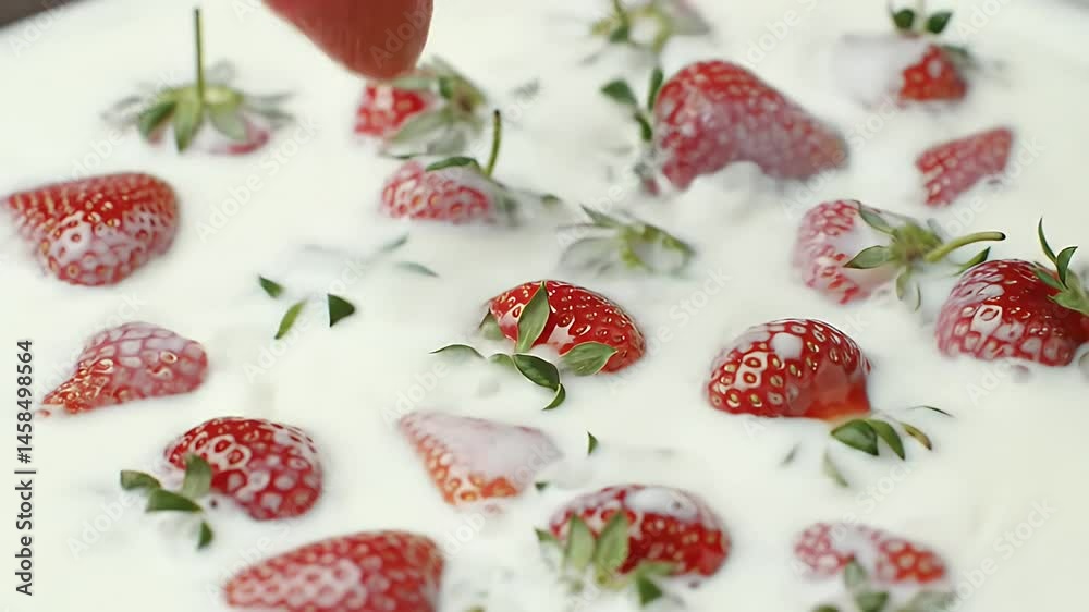 Ripe strawberries splashing into creamy milk Ripe strawberries splashing into creamy milk