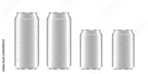 Metal can vector illustration of 3D realistic container for soda or energy drink, lemonade or beer. Isolated silver empty mockup models with cold condensation water drops for brand design template