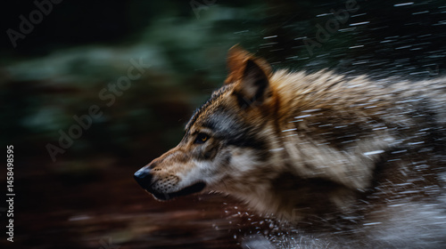 Moral force wildlife photo of a wolf in motion, with droplets flying and blurred motion in the setting