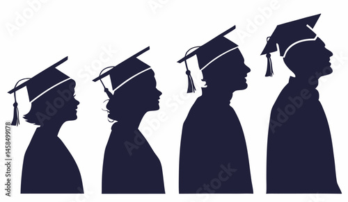 Silhouettes of students with college graduation caps. Vector illustration.