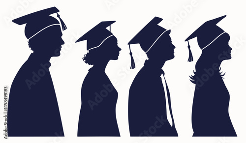 Silhouettes of students with college graduation caps. Vector illustration.