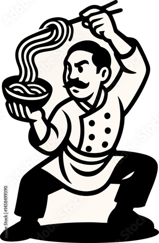Chef Expertly Presents Noodles His Focus Shows The Care And Skill In Culinary Preparation