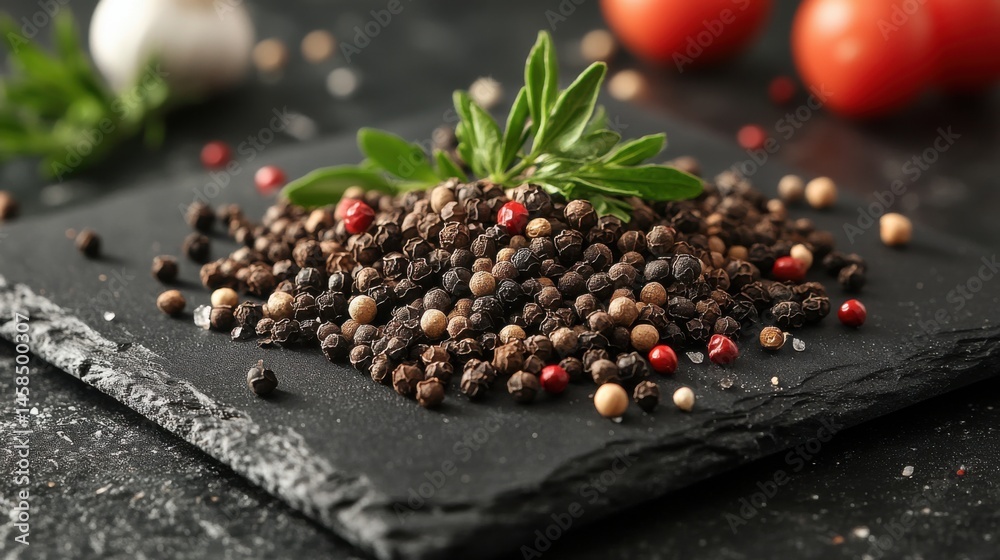 Fototapeta premium Scattered Peppercorns on Slate Plate with Green Herbs