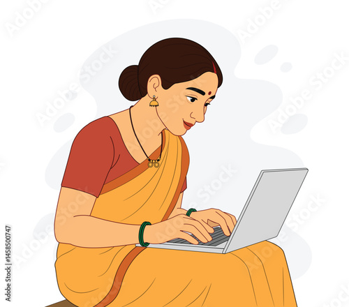 Indian Woman Working on Laptop - Professional Female Illustration. Rural Woman Working on a Laptop. Woman Empowerment. Village Women Working. 
