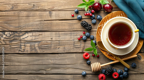 Flat lay of healthy breakfast with oatmeal, berries, honey and coffee, served on wooden table