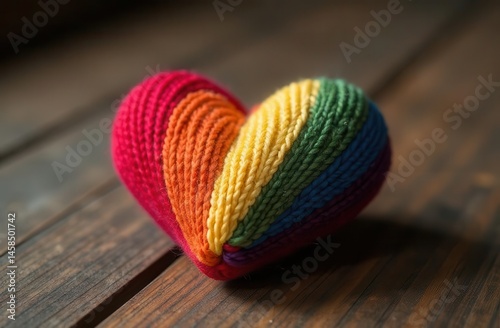 Knitted rainbow heart on wooden surface