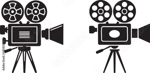 Two vintage film cameras with tripods in black and white vector