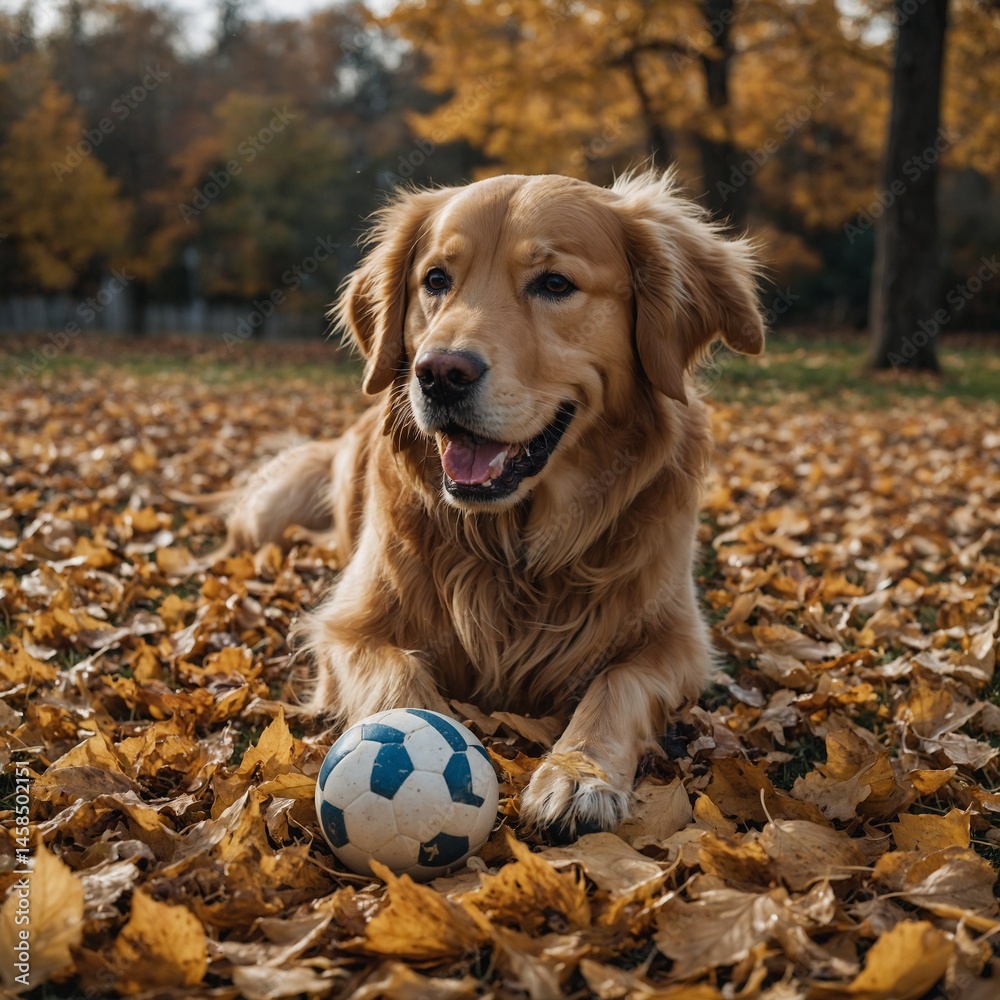 Golden Retriever Playing with a Ball in Autumn Leaves Golden Retriever Playing with a Ball in Autumn Leaves