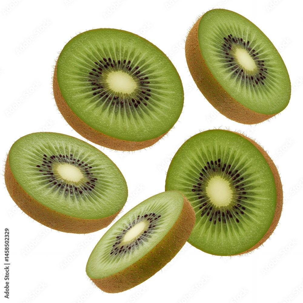 Fototapeta premium Sliced kiwi floating in midair with light reflections and juicy textures, isolated on a transparent white background