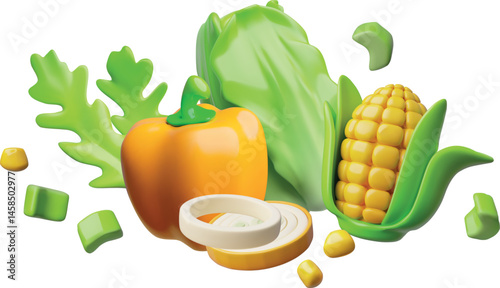3d fresh vegetables farm harvest, brussels sprouts, corn, pepper, part of onion, parsley.