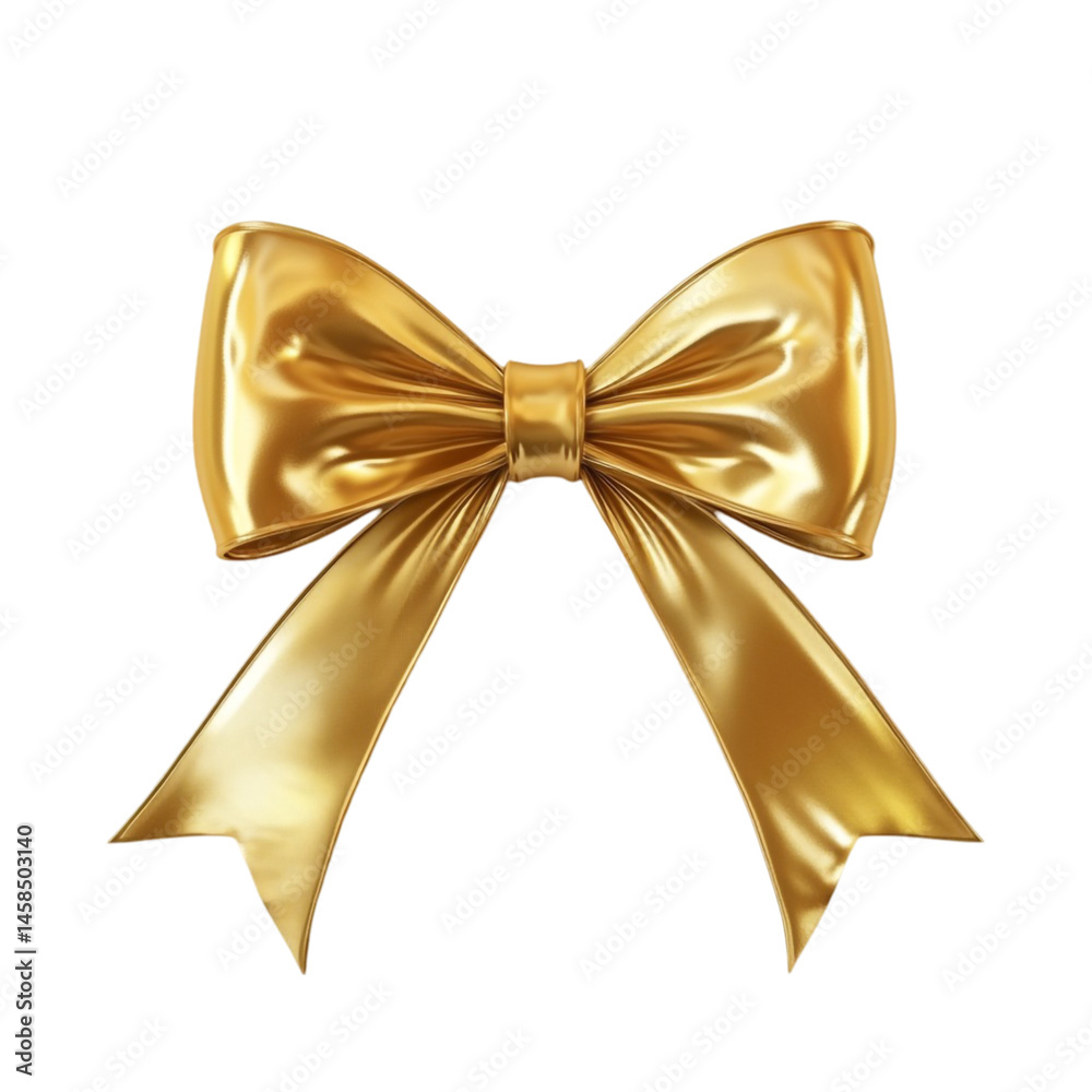 Fototapeta premium Golden ribbon bow on colorful striped background a festive gift decoration