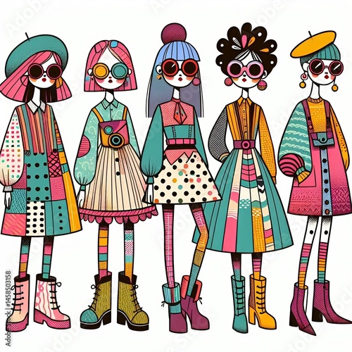 Stylized cartoon girls with quirky fashion outfits, oversized accessories, colorful dresses, patterned stockings, bold boots, minimalistic lines, big sunglasses, whimsical headwear, cheerful and artis