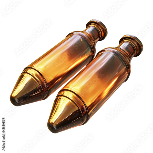 Two metallic gold projectiles displayed against a colorful striped background