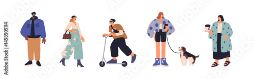 Young modern people outdoors set. Urban style men, women walking with dog, on...