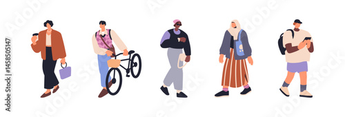 People walking outdoors set. Modern urban-style male and female characters on...