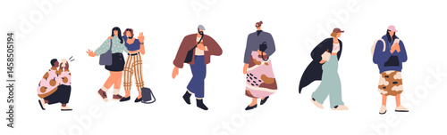 Modern fashion people walking outdoors, taking photo on phone, going on business. Stylish young men and women with backpack, bag on urban street. Flat vector illustration isolated on white background