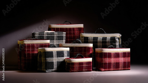 Nested boxes and tartan textured bags with handles, white trimness and zippers in varying sizes.