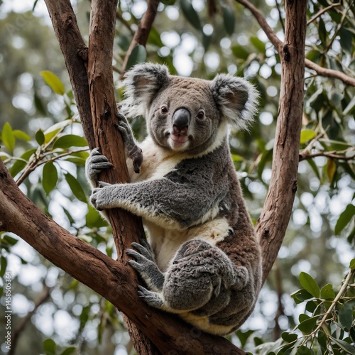 Koala Holding Its Baby High in a Tree