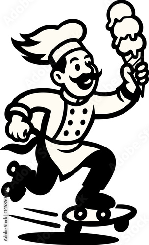 Enthusiastic Chef On A Skateboard Joyfully Carries An Ice Cream Cone Embodying Playful Fun