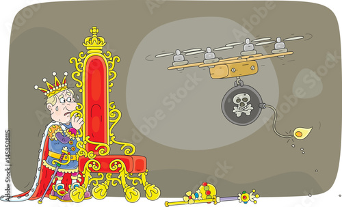 King of a fairytale kingdom under drone attack, trembling with fear and hiding behind his golden throne in a royal palace, vector cartoon illustration