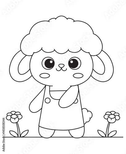 Coloring book cute lamb wearing overalls among the flowers.