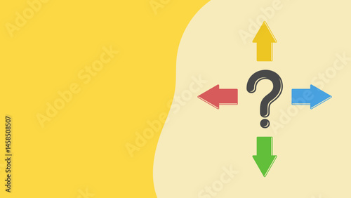 Black question mark with four arrows pointing in different directions on a yellow background
