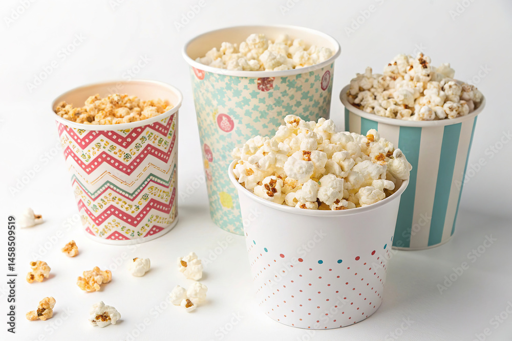 Set of popcorn buckets isolated on white background