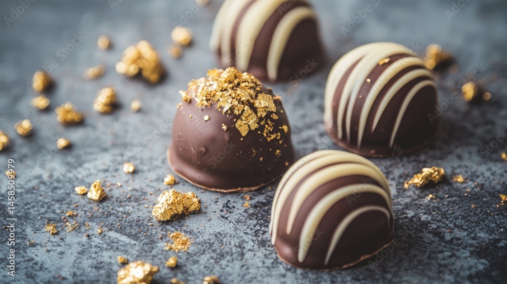 Obraz premium Gourmet chocolate truffles with gold leaf on dark background.