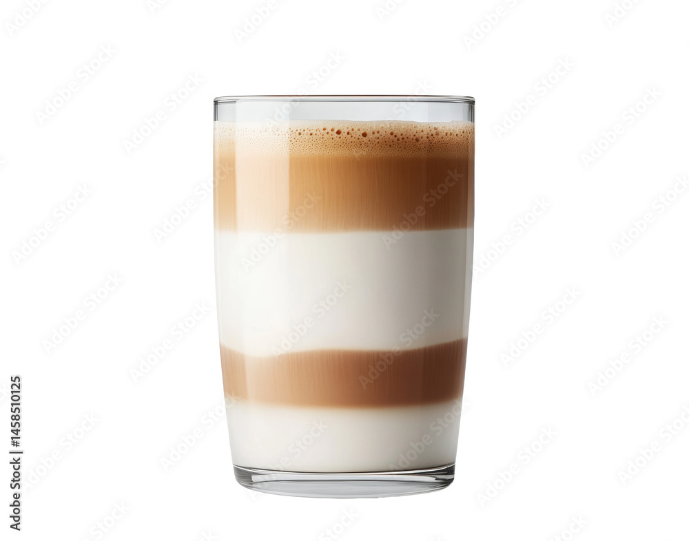 Layered latte art in a glass cup for coffee enthusiasts on a transparent background, cut out Layered latte art in a glass cup for coffee enthusiasts on a transparent background, cut out