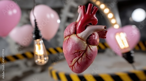 Artistic Heart Model with Heart-shaped Light Bulbs and Striped Caution Tape Background