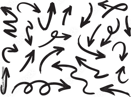 Hand-drawn arrows in various styles, perfect for graphic design.