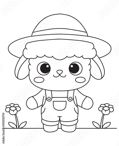 Coloring book cute lamb wearing a straw hat and overalls 