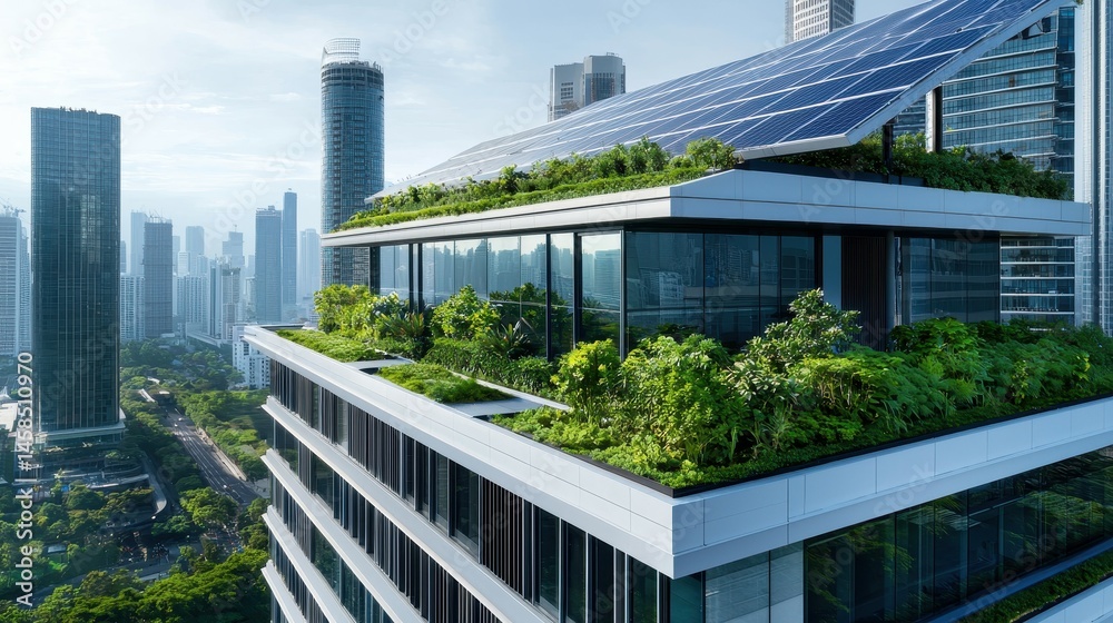 Modern eco-friendly building with rooftop garden and solar panels in a cityscape. Modern eco-friendly building with rooftop garden and solar panels in a cityscape.