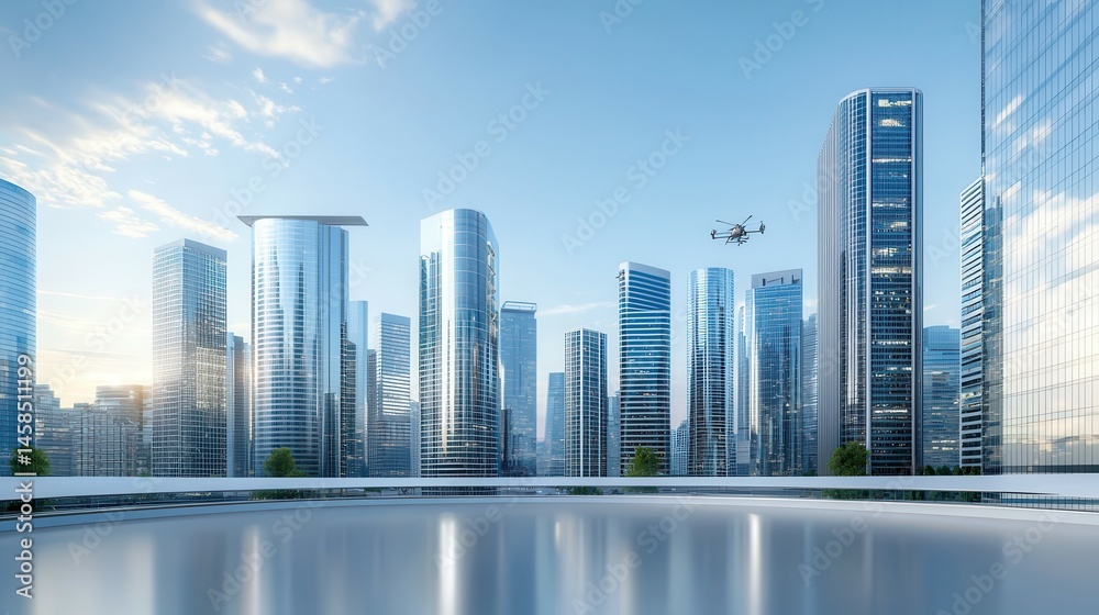 Futuristic skyline with skyscrapers and a drone flying above a reflective surface. Futuristic skyline with skyscrapers and a drone flying above a reflective surface.