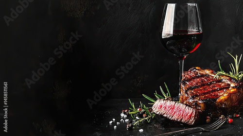 Grilled steak with red wine, herbs, and spices on dark background.