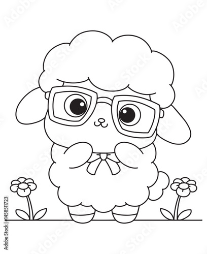 Coloring book cute lamb wearing glasses and a bow tie 