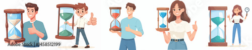 vector young man and woman holding hourglass