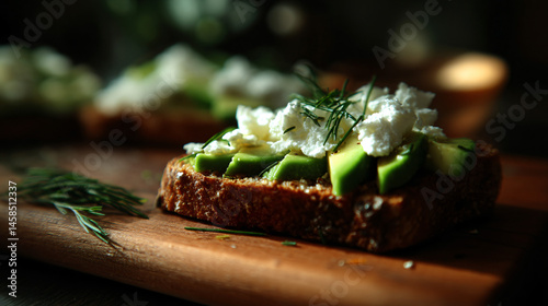 Open look avocado and cream cheese sandwich on rye boodle healthy breakfast option. photo