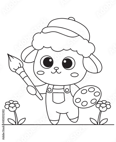Coloring book lamb wearing a beret and overalls, holding a paintbrush and palette