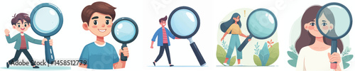 vector of young men and women holding magnifying glasses