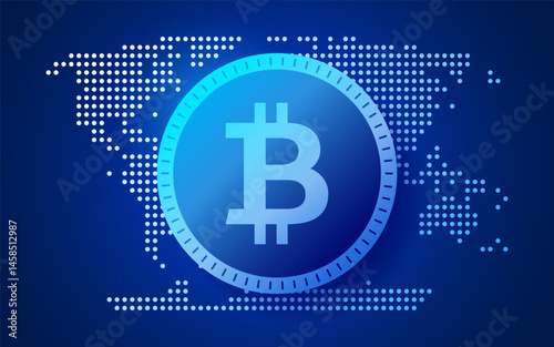 Bitcoin Symbol of Digital Cryptocurrency or Money Coin with Digital Network World Map Technology Backgrounds representing Innovation Futuristic Currency Banking Financial Concepts