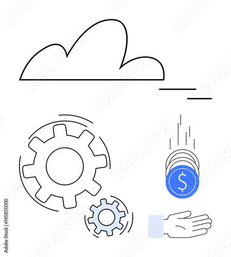 Cloud connected to large and small gears symbolizing processes, coins descending into open hand representing revenue. Ideal for fintech, automation, innovation, cost-efficiency, cloud solutions